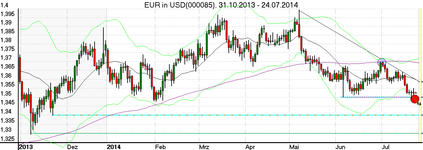 Tageschart des Dollar gegen den Euro Juli 2014